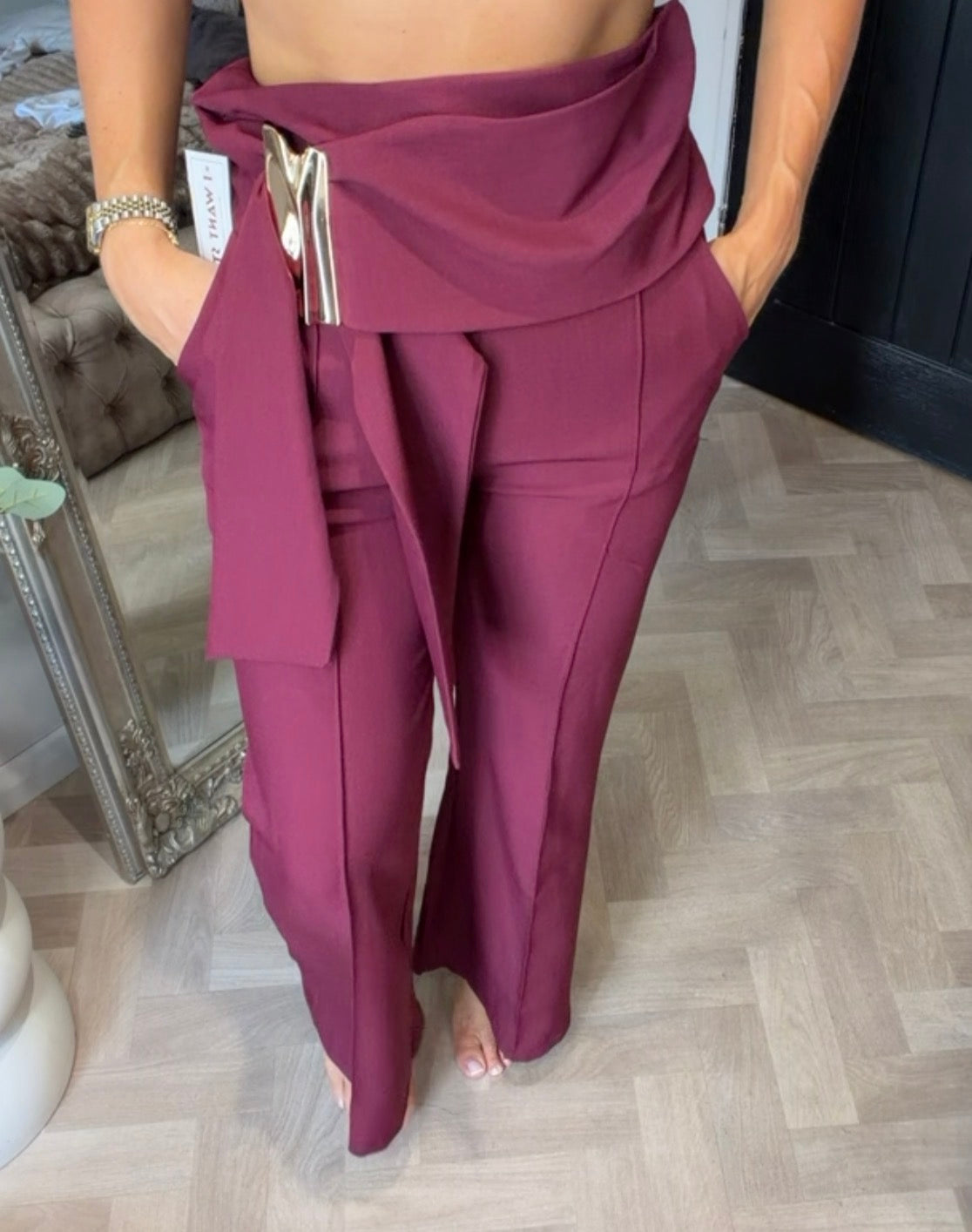 Super high waisted Burgandy gold buckle trousers