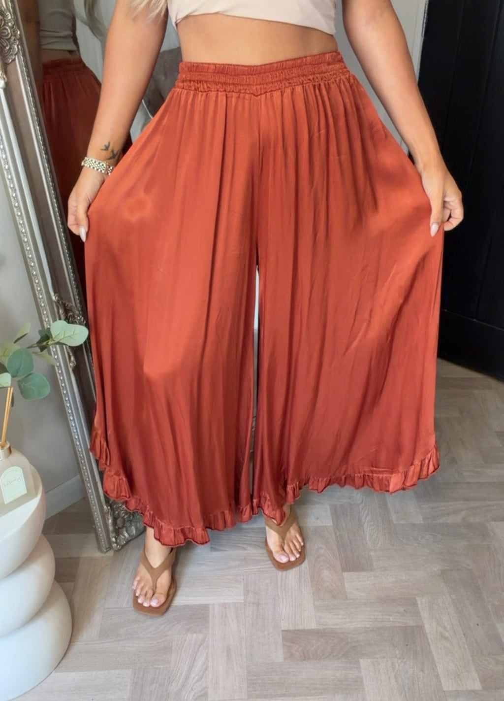 Rust ruffle trim viscous trousers (size 8-20)